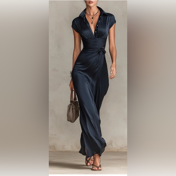 Satin Modeses Long Navy Dress - Picture 1 of 4
